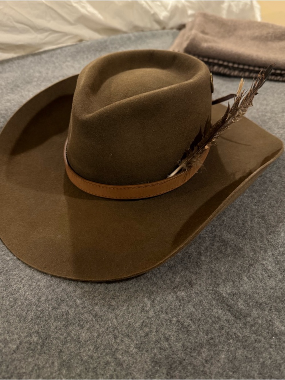 Classic Brown Felt Western Hat with Leather Band and Feather
